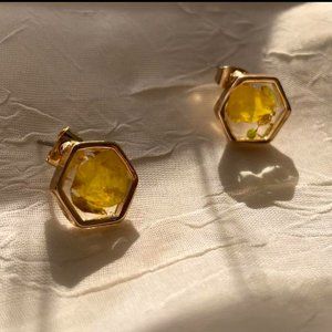 Handmade Yellow UV Resin Hexagon Floral Earrings